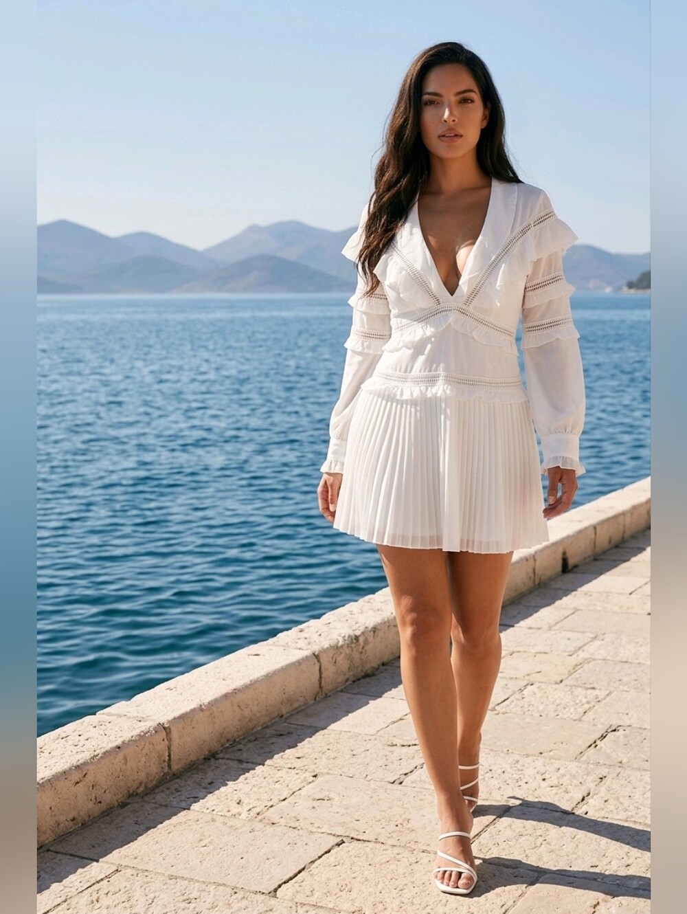 Romantic white dress NEW ruffled cutout details and pleated skirt. Shabby CHIC S